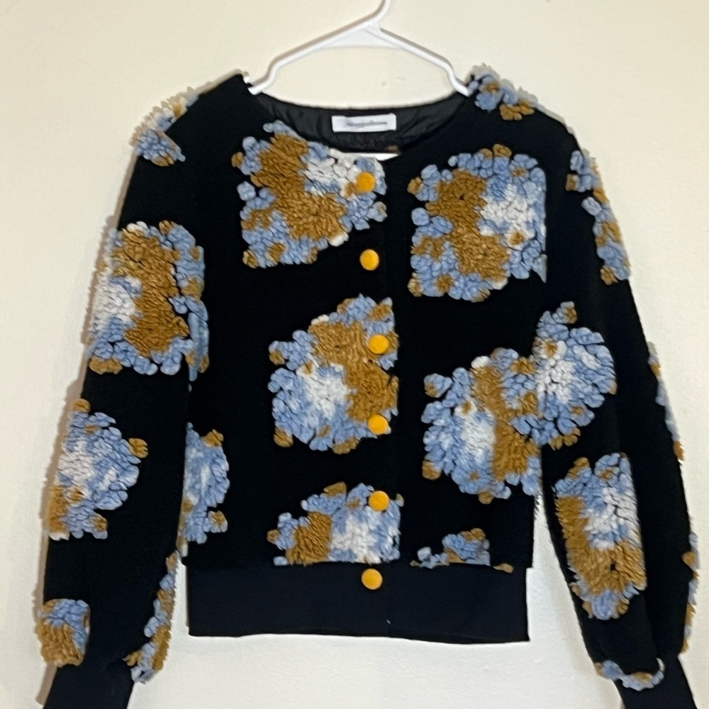 Chic Black Cardigan with Blue and Brown Floral Design